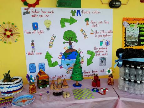 Reused items on display by Savanna-la-Mar Inclusive Academy (Sav Inclusive) grade-four students at the school’s Eco Champions Day event held on Tuesday.