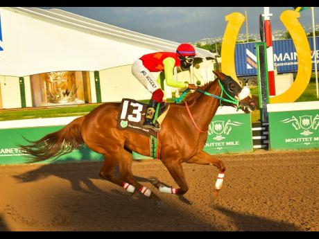 
YELLOWSTONE, ridden by Oshane Nugent, wins the Security Department Trophy over five furlongs straight, a three-year-old and upwards non-restricted overnight allowance stakes at Caymanas Park yesterday.