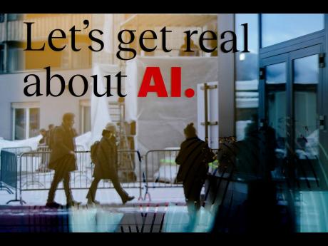 People reflected in a window of a hotel at the Davos Promenade with a slogan about AI alongside the World Economic Forum in Davos, Switzerland, on Monday, January 15, 2024. The AI technology has taken a large and growing slice of attention in Davos, this y