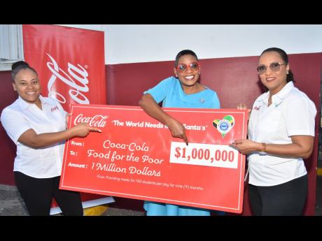 As a wrap up to its Christmas campaign, Coca-Cola donated $1 million to Food for the Poor Jamaica’s ‘Bright Bites’ programme. The programme focuses on nutrition for vulnerable youth. Happy to receive this support from Karen Baugh (right), group marke