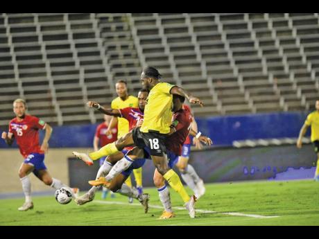 Reggae Boyz striker Michael Antonio shoots to goal during a Concacaf World Cup qualifier against Costa Rica at the National Stadium on Wednesday, February 2, 2022.