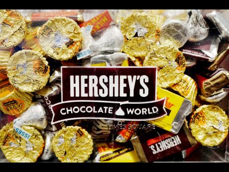 A mixture of Hershey’s chocolates is displayed in the company’s Times Square store in New York.