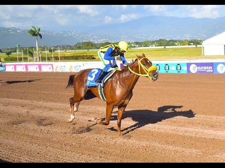 
SENSATIONAL MOVE, ridden by Dane Dawkins, wins the second running of the Reggae Month Sprint over five furlongs straight, a three-year-old and upwards open allowance stakes at Caymanas Park yesterday.