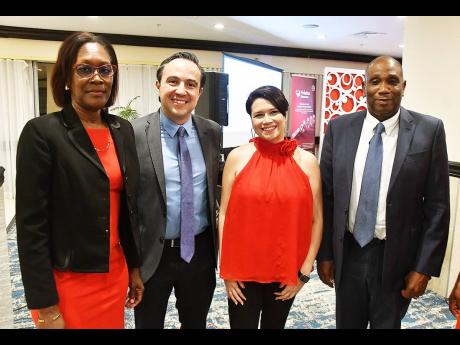 Hortense Edwards (left), general manager of LASCO Pharmaceutical Division, and Maria Teresa Alvarado (second right), commercial and operations manager for Bayer, Venezuela and West Indies, stand with experts in nephrology Dr Juan Carlos Ramirez Sandoval (s