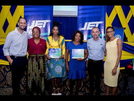 From left: Jeffrey Azan, guest speaker; Jamilia Crooks-Brown, programme administrator, NCB Foundation; Venessa Duggan and Basheba Ellis, JET Project graduates; Col Martin Rickman, chair of the JET Steering Committee and Naketa West, JET Project coordinator