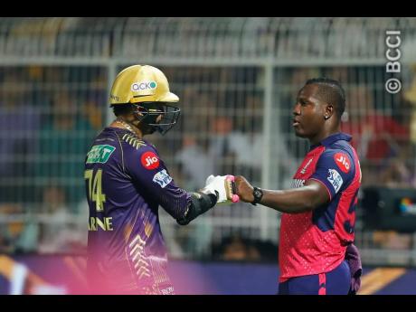 Former West Indies spinner-turned-all-rounder, Sunil Narine is greeted by West Indies captain Rovman Powell after he slammed a century for the Kolkata Knight Riders against the Rajasthan Royals in the Indian Premier League yesterday.  