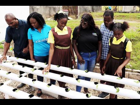 Devonnay Anderson (third left) and Ashley Lewis (right), students of Claude McKay High School, explaining the rudiments of hydroponics through the use of the pipes and the grow cups which allow the roots to grow through the pipes where the nutrient-rich so