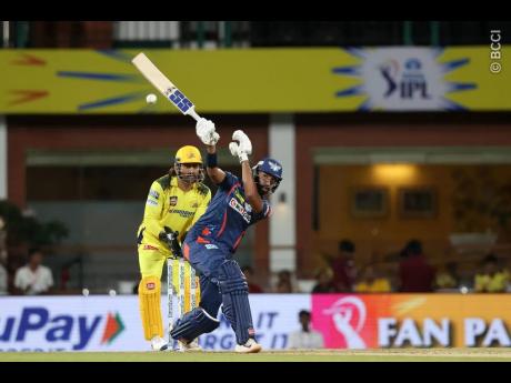 Lucknow Super Giants’ Nicholas Pooran striking during his innings of 34 against the Chennai Super Kings during their Indian Premier League clash at the MA Chidambaram Stadium yesterday.