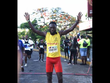 Kemar Leslie, overall  winner of the 10K run at the Jill Stewart MoBay City Run 10K/5K Run and Walk at the Old Hospital Park in Montego Bay yesterday.