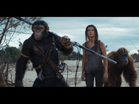 Peter Macon, Owen Teague and Freya Allan in Kingdom of the ‘Planet of the Apes’.