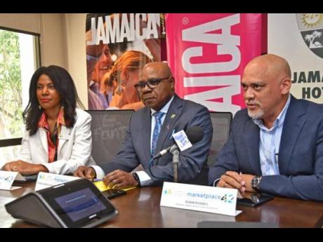 From left: Caribbean Hotel and Tourist Association president Nicola Madden-Greig, Minister of Tourism Edmund Bartlett, and Robin Russell, president of the Jamaica Hotel and Tourist Association, addressing the media during a ‘Caribbean Fireworks’ press 