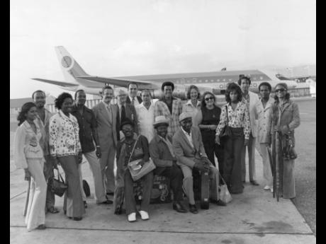 In this June 14, 1974 photo, the team of Tourist Board officials, hoteliers and entertainers, led by  Eric Abrahams, director of tourism, left the island by Air Jamaica for a two-week promotional swing through the U.S. Midwest. From left are: Sintra Berrin