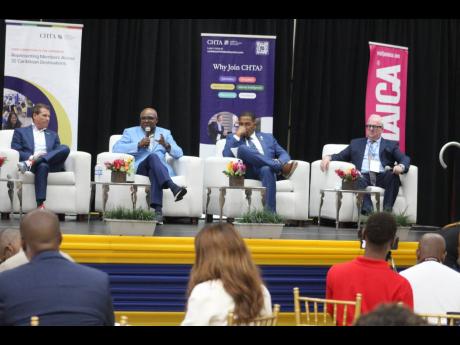 Credit: Paul Williams Tourism Minister Edmund Bartlett (second left) making a point during the ‘Travel Forum’ on the opening day of the 2024 Caribbean Hotel and Tourism Association Caribbean Travel Marketplace, while (from left), Adam Stewart of Sandals International; Kenne