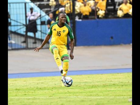 Reggae Boy Karoy Anderson in action against the Dominican Republic during the 2026 World Cup qualifying match at the National Stadium on Thursday.