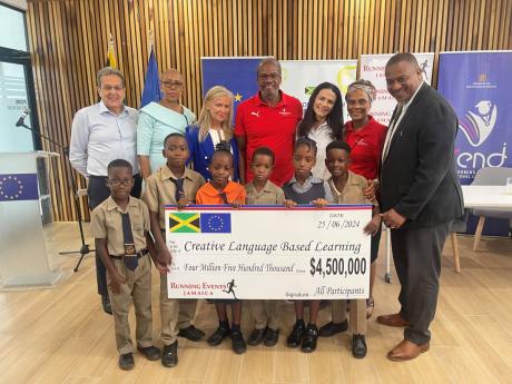 From left: Joseph Matalon, chair of the Creative Language-Based Learning (CLBL); Fayval Williams, minister of education and youth; Marianne Van Steen, EU Ambassador to Jamaica; Alfred ‘Frano’ Francis, director of Running Events Jamaica; Mandy Melvin, e