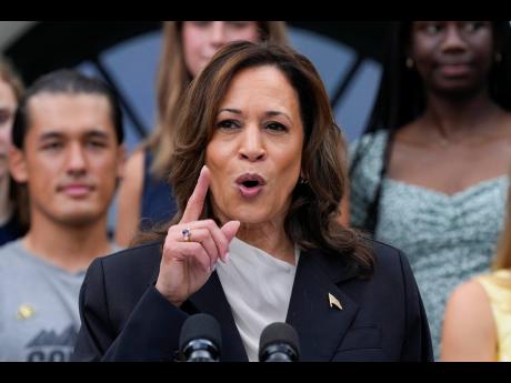 Vice President Kamala Harris speaks from the South Lawn of the White House in Washington, during an event with NCAA college athletes on Monday. This is her first public appearance since President Joe Biden endorsed her to be the next presidential nominee o