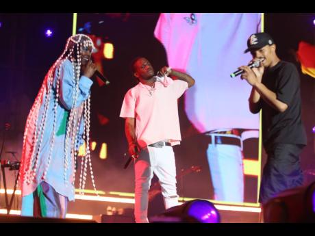 Multi-Grammy winning entertainer Lauryn Hill (left) and Jahshii (centre) were guests in YG Marley’s set on Friday, July 19, at Reggae Sumfest 2024 in Catherine Hall, Montego Bay, St James.