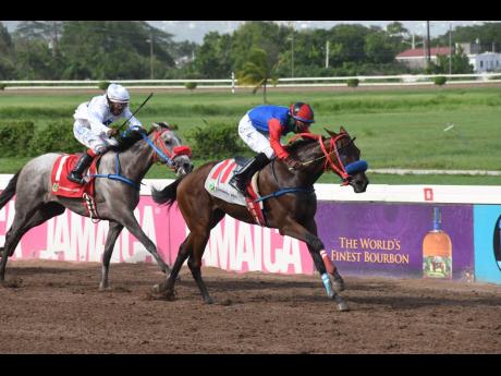 BLU SENSATION, ridden by Oneil Mullings, wins the seventh race over seven furlongs ahead of MIDNIGHT GALAXY at Caymanas Park on Sunday, July 7. 