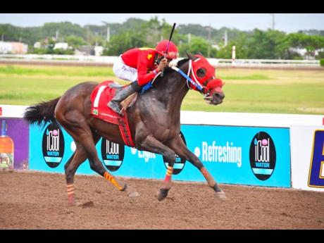 Credit: Anthony Minott/Freelance Photographer WALL STREET TRADER, ridden by Raddesh Roman, wins the Betting Gaming & Lotteries Commission Trophy race over 5-1/2 furlongs at Caymanas Park yesterday.