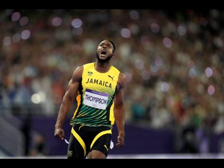 Kishane Thompson, of Jamaica reacts after crossing the finish line in the men’s 100 metres final at the 2024 Summer Olympics, in Saint-Denis, France. 