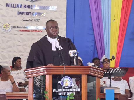 Michael Hemmings, president of the Cornwall Bar Association, addresses the Judiciary of Jamaica’s annual assize church service at the William Knibb Baptist Church in Falmouth, Trelawny yesterday. 