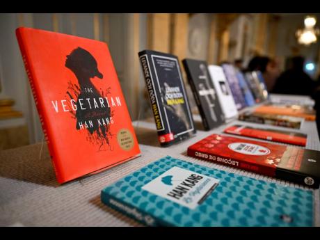 Books by the South Korean writer Han Kang displayed at the Swedish Academy in Stockholm.