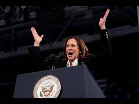 Democratic presidential nominee Vice President Kamala Harris speaks at a campaign rally at East Carolina University in Greenville, North Carolina, on Sunday, October 12, 2024.
