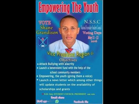 Credit: Contributed A flyer used by Shane Grandison in his 2016 campaign for the vice-presidency of Region 6 in the National Secondary Students’ Council’s elections.