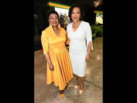 Jamaica’s Ambassador to the United States Audrey Marks (right), who was conferred with the Order of Jamaica, and Minna Israel, special advisor to the vice chancellor at The University of the West Indies, who was invested into the Order of Distinction in 