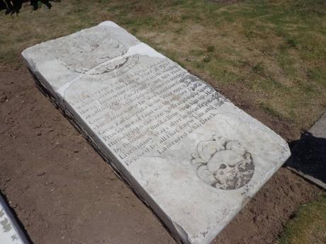 The tombstone of Lewis Galdy in the St Peter’s Church yard at Port Royal.