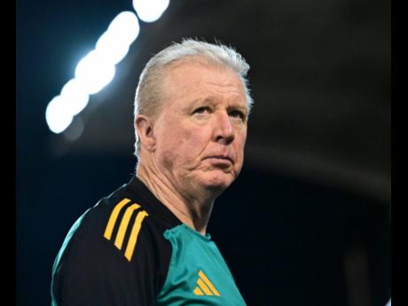 Reggae Boyz head coach Steve McClaren looks on during a Concacaf Nations League quarter-final second-leg game against the United States at the National Stadium on Thursday. 