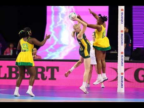 Courtesy of  @Fast5netballworldseries 
Action from a match between Jamaica (left) and South Africa at last Saturday’s opening day of the Fast5 Netball World Series in New Zealand. South Africa won 33-25.  