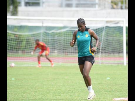 Reggae Girl Khadija ‘Bunny’ Shaw at a training session at the Montego Bay Sports Complex, yesterday.