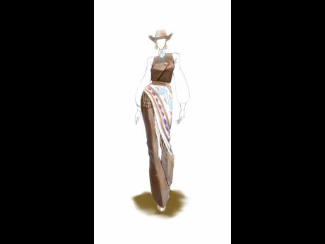 Credit: Contributed For his ‘cowgirl chic’ inspiration, he presented an all-brown ensemble featuring a tribal print fringed wrap over leather boot-cut pants, a leather vest, and a button-down crisp white shirt completed by a pair of sleek boots.