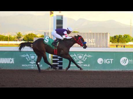 Anthony Minott/Photographer 
BOOTYLICIOUS, ridden by Reyan Lewis, wins the eighth running of the AHWHOFAH Sprint at Caymanas Park yesterday.