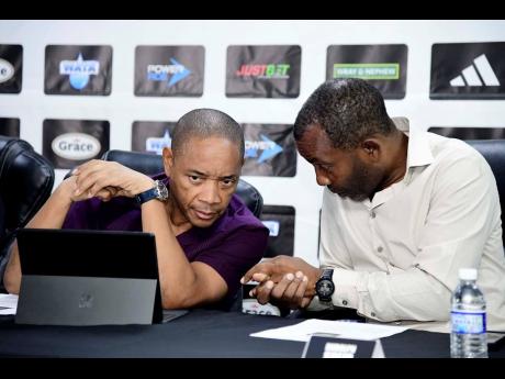 Credit: Antoine Lodge
Rudolph Speid (right) of the Jamaica Football Federation’s (JFF) technical committee in conversation with Dennis Chung, general secretary of the JFF at the JFF’s press conference held on August 8, 2024 at the JFF’s office in New Kingston.