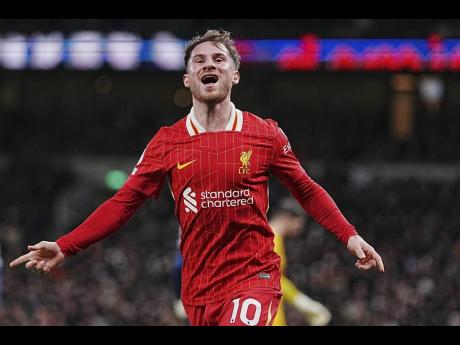 Liverpool’s Alexis Mac Allister celebrates after scoring his side’s second goal during the English Premier League match against Tottenham, at Tottenham, yesterday.