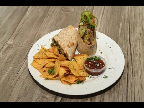 Wrap your taste buds around this ‘jerkshroom’ wrap, served with chips.