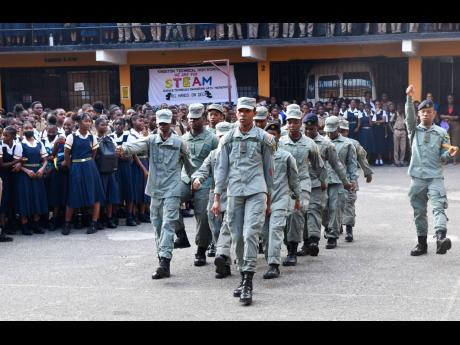 The Kingston Technical High School Cadet Unit on parade during Monday’s launch of the downtown Kingston-based institution’s 129th and 130th anniversaries.