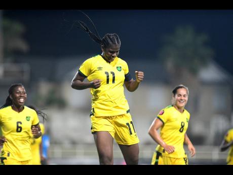 Jamaica’s Khadija Shaw celebrates scoring a goal.