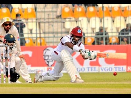 Alick Athanaze in action against Pakistan during the first Test between the sides at the Multan Cricket Stadium in Pakistan on January 19.