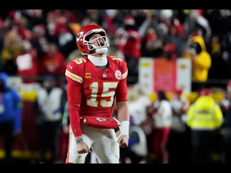 Kansas City 
Chiefs quarterback Patrick Mahomes celebrates after defeating the Buffalo Bills in the AFC Championship NFL football game on January 26, 2025, in Kansas City, Missouri.