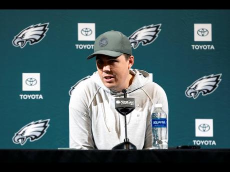 Philadelphia Eagles offensive coordinator Kellen Moore speaks with members of the media during a news conference at the NFL football team's training facility on Tuesday, January 21 in Philadelphia. 