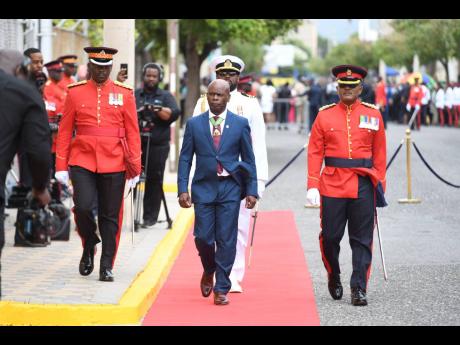 Custos Steadman Fuller, deputising for Governor General Sir Patrick Allen, arriving for the ceremonial opening of Parliament on Thursday.