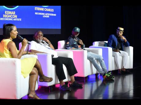 From left: Tazhna Williams, media personality, moderates a panel discussion on ‘Live or Dead Performance? Bands in 2025’ with Dean Fraser, saxophonist; Kemar Highcon, recording artiste; Etienne Charles, composer, at the Island Music Conference at the C