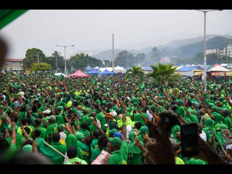 A sea of JLP supporters outside the National Arena as the prime minister speaks at the party’s annual conference last November. 