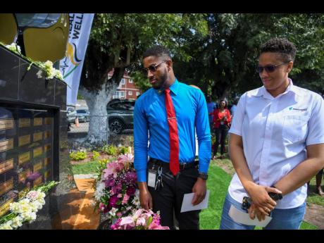 Credit: Antoine Lodge/Photographer
Annakay Henry (right) and Swain Henry, both children of Patrick Henry, look at the monument that was recently unveiled in honour of healthcare workers who died during the COVID-19 pandemic during the unveiling ceremony held on March 10 at the National Che