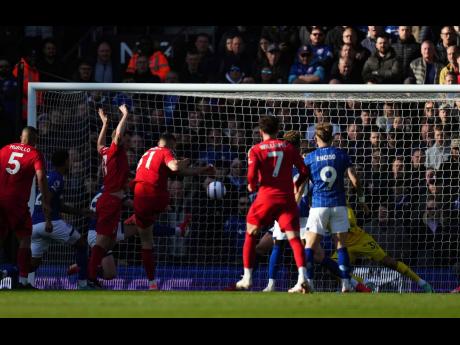 
Nottingham Forest’s Nikola Milenkovic shoots to goal  during the English Premier League match against Ipswich Town at Portman Road, Ipswich, England, yesterday.