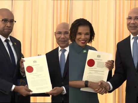 Ambassador Audrey Marks and Delano Seiveright pose with Governor General Sir Patrick Allen after being sworn in at King’s House on March 17. Marks was appointed to serve at the Office of the Prime Minister and Seiveright is the junior minister at the Min