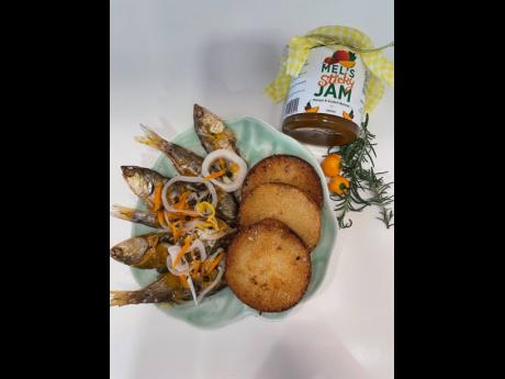 Fried sprat drizzled with Mel’s mango Scotch bonnet jam.